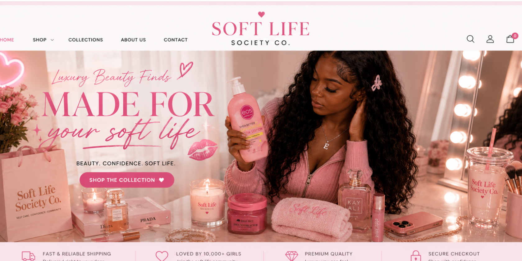 Woman holding a pink bottle with 'Soft Life Society Co.' branding in a beauty-themed setting.